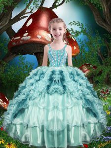 Customized Floor Length Ball Gowns Sleeveless Aqua Blue Little Girls Pageant Gowns Lace Up