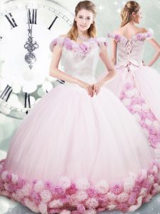 Beauteous Off The Shoulder Sleeveless Brush Train Lace Up Quinceanera Dresses Pink Fabric With Rolling Flowers