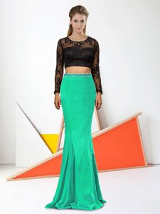 Glittering Green Long Sleeves Elastic Woven Satin Clasp Handle Prom Evening Gown for Prom and Party