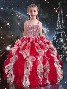 Wonderful Sleeveless Organza Floor Length Lace Up Custom Made Pageant Dress in Wine Red with Beading and Ruffles