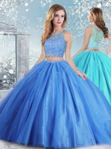 High End Sleeveless Tulle Floor Length Clasp Handle 15th Birthday Dress in Baby Blue with Beading and Sequins