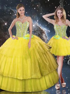 Gold Sleeveless Organza Lace Up Sweet 16 Quinceanera Dress for Military Ball and Sweet 16 and Quinceanera