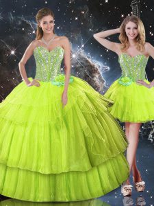 Yellow Green Ball Gowns Organza Sweetheart Sleeveless Ruffled Layers Floor Length Lace Up Quinceanera Dress