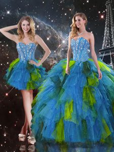 Tulle Sweetheart Sleeveless Lace Up Beading and Ruffles Sweet 16 Dresses in Multi-color