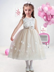 Champagne Lace Zipper Flower Girl Dresses for Less Sleeveless Tea Length Lace and Appliques