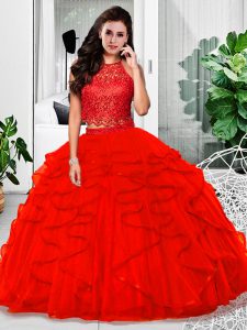 Romantic Red Sweet 16 Dresses Military Ball and Sweet 16 and Quinceanera with Lace and Ruffles Halter Top Sleeveless Zip