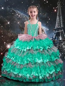 Super Turquoise Sleeveless Beading and Ruffled Layers Floor Length Pageant Dress Womens