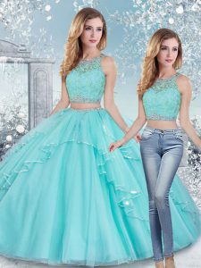 Scoop Sleeveless 15th Birthday Dress Floor Length Beading and Lace and Sashes ribbons Aqua Blue Tulle
