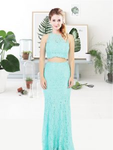 Sleeveless Floor Length Lace Zipper Prom Party Dress with Turquoise