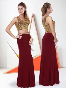 Burgundy Two Pieces Chiffon V-neck Sleeveless Beading Floor Length Zipper Prom Evening Gown