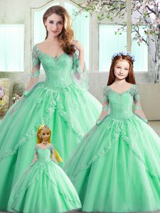 Floor Length Apple Green Quinceanera Gown Tulle Sleeveless Lace