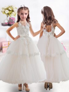 Scoop Sleeveless Organza Toddler Flower Girl Dress Ruffled Layers and Hand Made Flower Lace Up