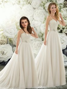 Chiffon Sleeveless Wedding Gowns Sweep Train and Beading and Lace
