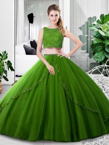 Olive Green Scoop Zipper Lace and Ruching Quinceanera Dress Sleeveless