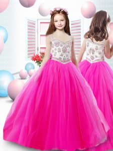 Pink And White Zipper Little Girls Pageant Dress Beading Sleeveless Floor Length