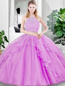 Sweet Lilac Tulle Zipper Scoop Sleeveless Floor Length Sweet 16 Quinceanera Dress Lace and Ruffled Layers