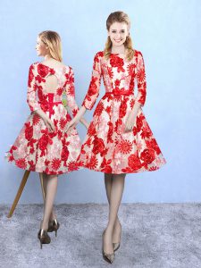 Extravagant Red Printed Lace Up Scoop 3 4 Length Sleeve Knee Length Wedding Guest Dresses Pattern