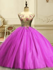 Appliques and Sequins Sweet 16 Dresses Fuchsia Lace Up Sleeveless Floor Length