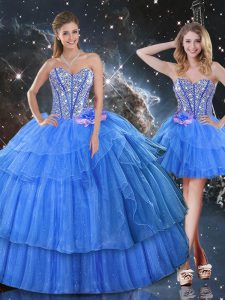 Graceful Baby Blue Sleeveless Organza Lace Up Sweet 16 Dresses for Military Ball and Sweet 16 and Quinceanera