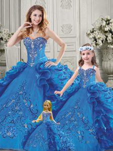 Baby Blue Sweetheart Neckline Beading and Appliques and Embroidery 15th Birthday Dress Sleeveless Lace Up
