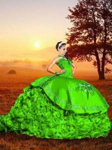 Ideal Green Sweet 16 Dresses Military Ball and Sweet 16 and Quinceanera with Embroidery and Ruffles Sweetheart Sleeveles