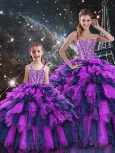Fancy Sweetheart Sleeveless Quinceanera Dresses Floor Length Beading and Ruffles and Ruffled Layers Multi-color Organza