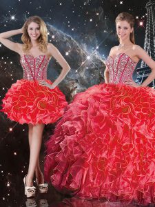 Clearance Ball Gowns Ball Gown Prom Dress Coral Red Sweetheart Organza Sleeveless Floor Length Lace Up