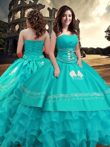 Simple Turquoise Strapless Zipper Embroidery and Ruffled Layers Quinceanera Dresses Sleeveless
