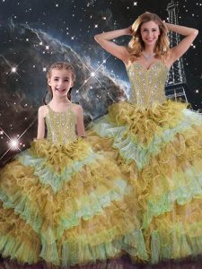 Organza Sweetheart Sleeveless Lace Up Beading and Ruffled Layers and Sequins Sweet 16 Dresses in Multi-color