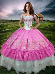 Ball Gowns 15 Quinceanera Dress Rose Pink Off The Shoulder Taffeta Sleeveless Floor Length Lace Up