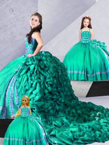 Turquoise Taffeta Lace Up Sweetheart Sleeveless Sweet 16 Quinceanera Dress Court Train Embroidery and Pick Ups