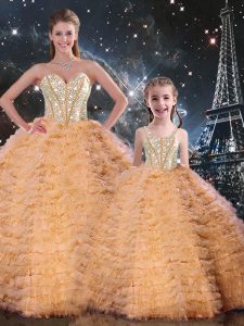 Cute Floor Length Lace Up Quince Ball Gowns Orange for Military Ball and Sweet 16 and Quinceanera with Beading and Ruffl