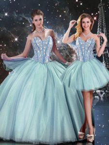 Simple Sleeveless Tulle Floor Length Lace Up Sweet 16 Quinceanera Dress in Light Blue with Beading