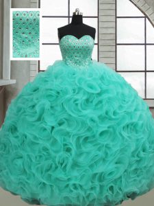 Turquoise Ball Gowns Fabric With Rolling Flowers Sweetheart Sleeveless Beading Lace Up Quince Ball Gowns Brush Train