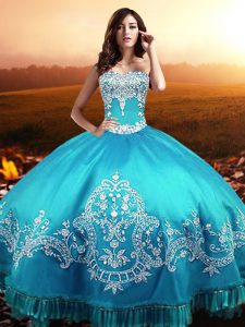 On Sale Sleeveless Floor Length Beading and Appliques Lace Up Quinceanera Dress with Aqua Blue