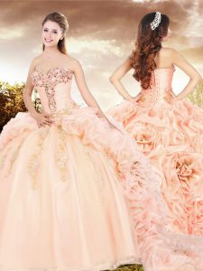Peach Sweetheart Neckline Beading and Appliques Ball Gown Prom Dress Sleeveless Lace Up