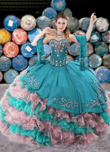 Organza Sleeveless Floor Length Sweet 16 Quinceanera Dress and Beading and Appliques and Ruffles and Ruffled Layers
