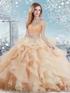 Customized Sleeveless Organza Floor Length Clasp Handle Quince Ball Gowns in Peach with Beading and Ruffles