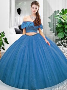 Sleeveless Floor Length Lace Lace Up Ball Gown Prom Dress with Blue