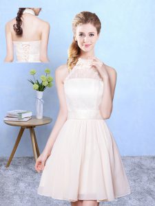 Champagne High-neck Lace Up Lace Bridesmaid Gown Sleeveless