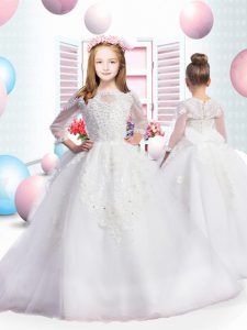 White 3 4 Length Sleeve Brush Train Beading and Lace and Appliques Little Girl Pageant Gowns