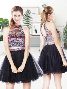 Tulle Halter Top Sleeveless Zipper Embroidery Prom Dresses in Black