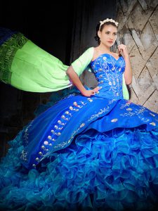 Low Price Embroidery and Ruffles Sweet 16 Dresses Royal Blue Lace Up Sleeveless Brush Train