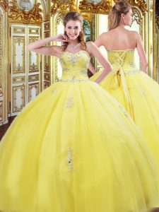 Artistic Sleeveless Floor Length Beading and Appliques Lace Up 15 Quinceanera Dress with Gold
