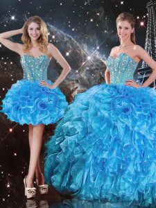 Pretty Baby Blue Quinceanera Dress Military Ball and Sweet 16 and Quinceanera with Beading and Ruffles Sweetheart Sleeve