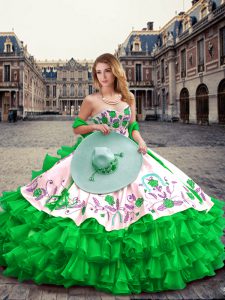 Perfect Floor Length Lace Up Quinceanera Gowns Green for Military Ball and Sweet 16 and Quinceanera with Embroidery and 