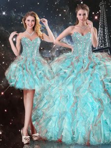 Aqua Blue Ball Gowns Sweetheart Sleeveless Organza Floor Length Lace Up Beading and Ruffles 15 Quinceanera Dress