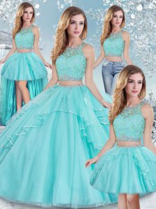 Aqua Blue Sleeveless Tulle Clasp Handle Sweet 16 Quinceanera Dress for Military Ball and Sweet 16 and Quinceanera