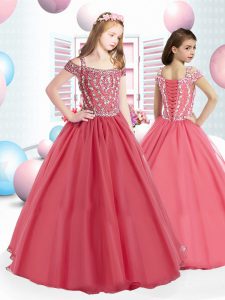 Floor Length Coral Red Pageant Dress Toddler Straps Sleeveless Lace Up