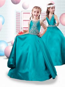 Charming Teal Sleeveless Floor Length Beading Zipper Pageant Dress for Teens